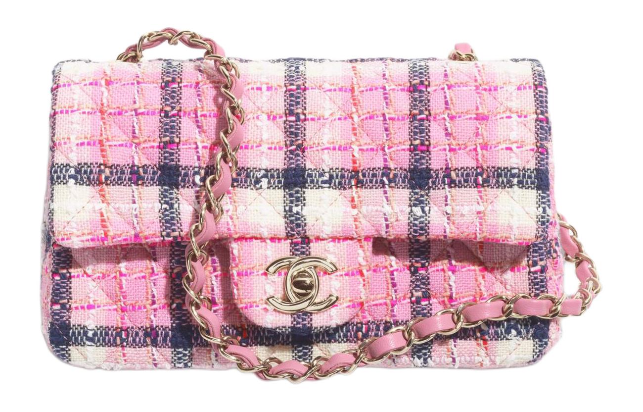 

CHANEL Шерстяная и хлопковая клетчатая портативная сумка кроссбоди, женская сумка через плечо Pink & Marine Blue & White