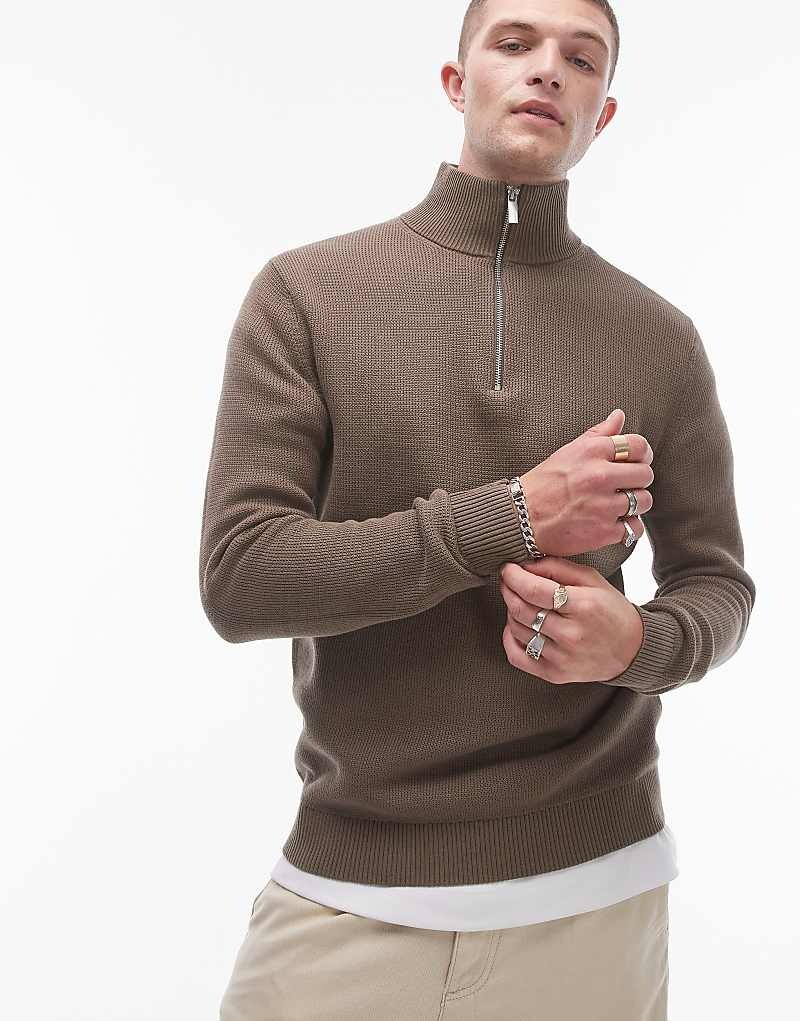 

Selected Homme – светло-коричневый вязаный свитер с молнией на шее
