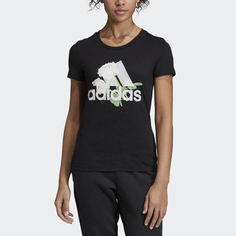 Женская футболка с цветочным принтом Must Haves, черная Adidas — фото 3