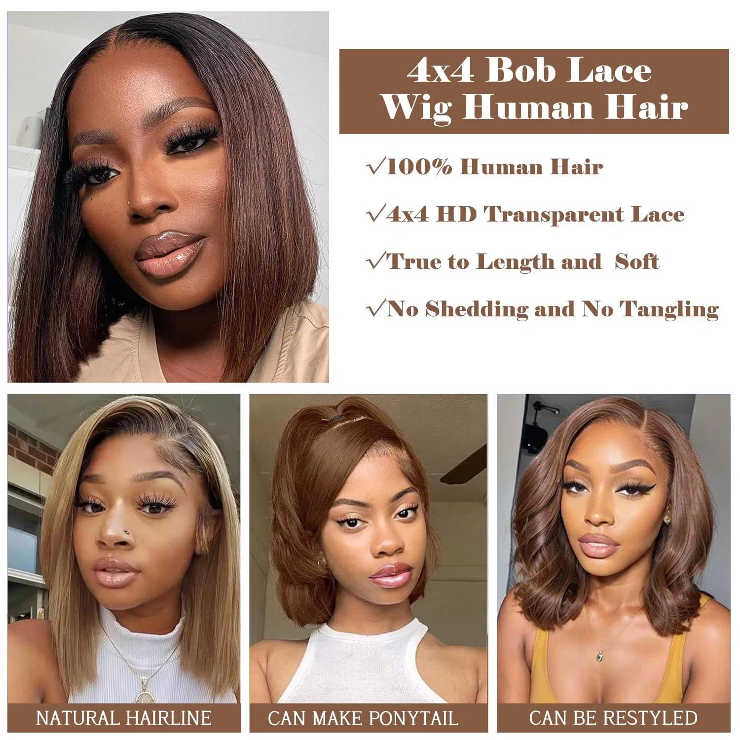 Прямой парик-каре с кружевной фронтальной частью от Human Hair Wig Ifly, Chocolate Brown — фото 3
