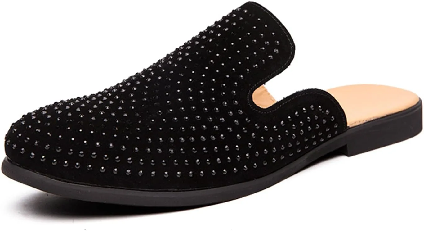 

Мужские замшевые мюли-тапочки с камнями, модные закрытые с острым носком, удобные слипоны с ремешком на пятке, лоферы и повседневные вечерние сандалии для вечеринок NEUUGO, черный