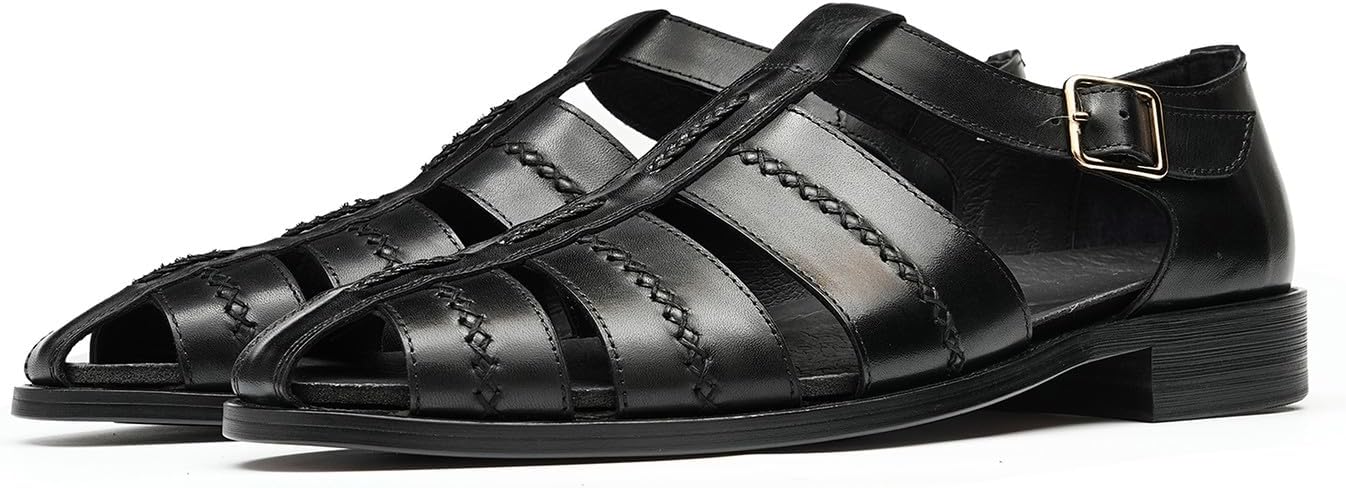 

Мужские кожаные сандалии Santimon, с плетеным ремешком и регулируемой пряжкой, удобные и стильные летние повседневные закрытые туфли, черный