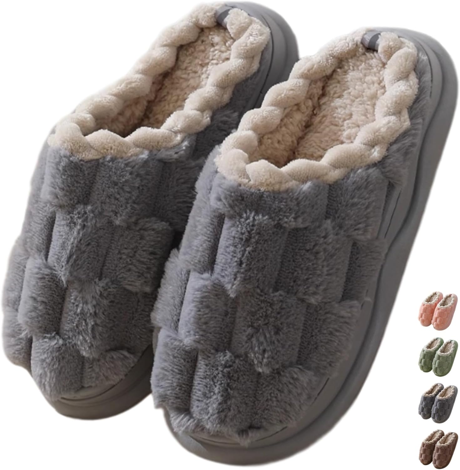 

Iwhgrmp Тапочки в клетку для женщин и мужчин, мягкий флис, домашние тапочки, зимние, теплые, плюшевые, для спальни, с противоскользящей утолщенной подошвой, серый