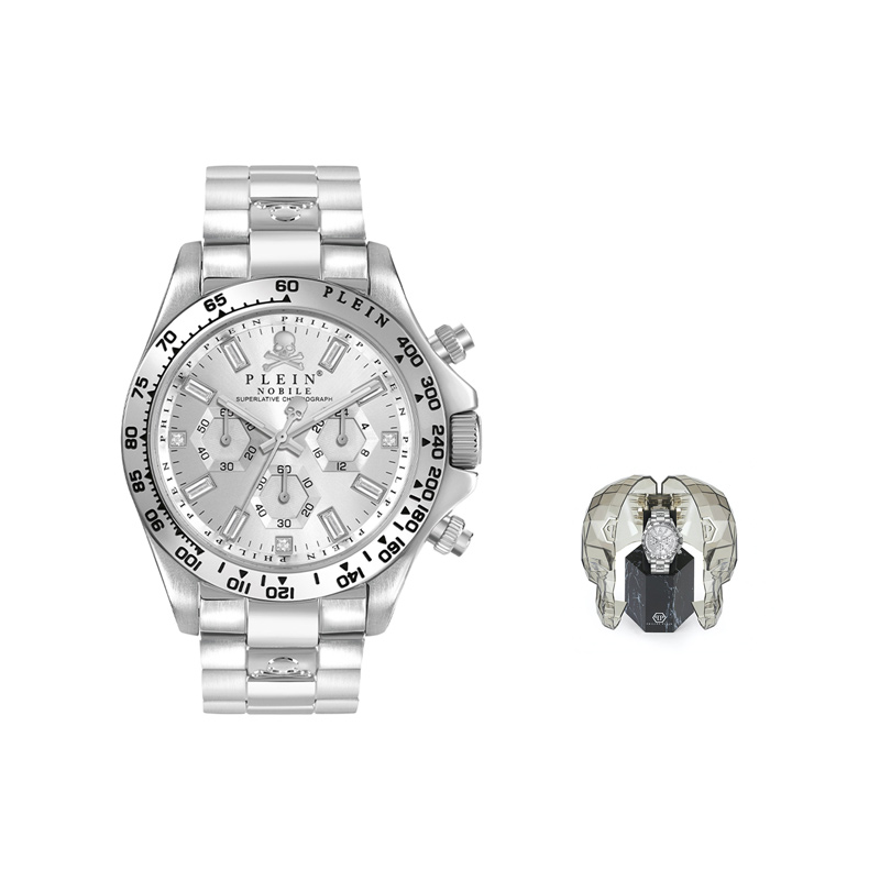 

PHILIPP PLEIN Часы Wrist Watch Quartz Movement Metal Strap 43mm Silver Dial Men's Watch, Custom Box