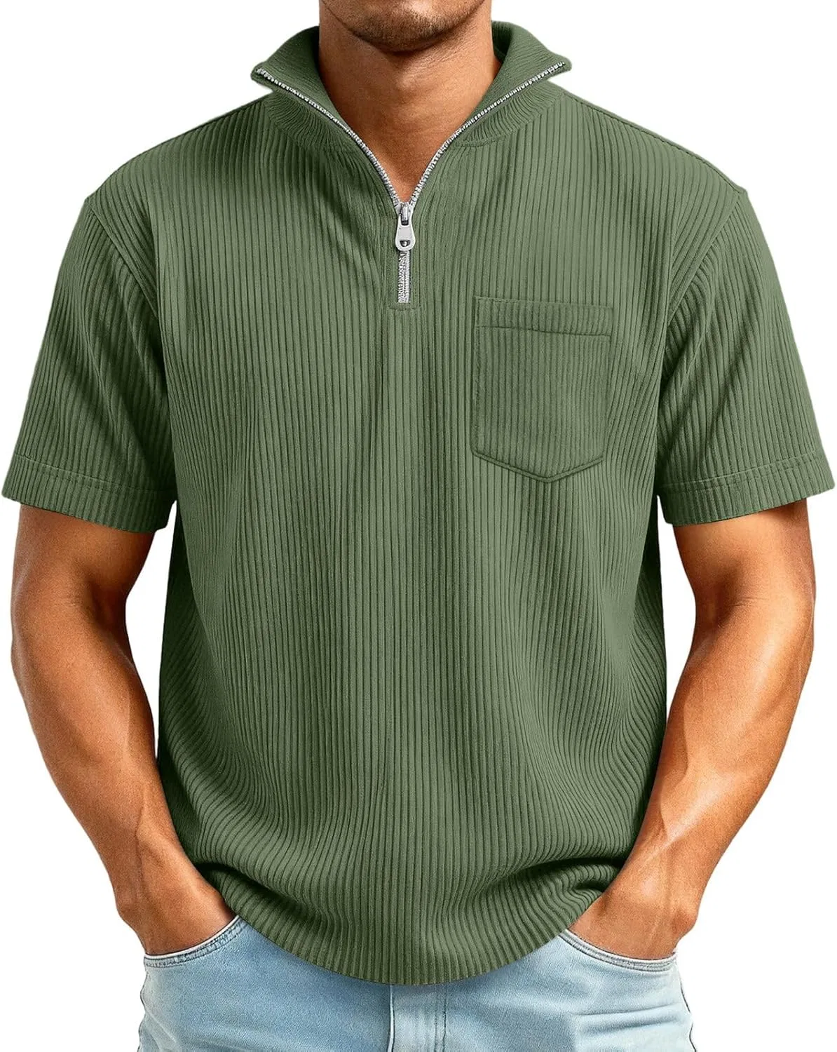 Свитер с четвертью молнии, вельвет, полузастежка, легкий, мужской, Army Green