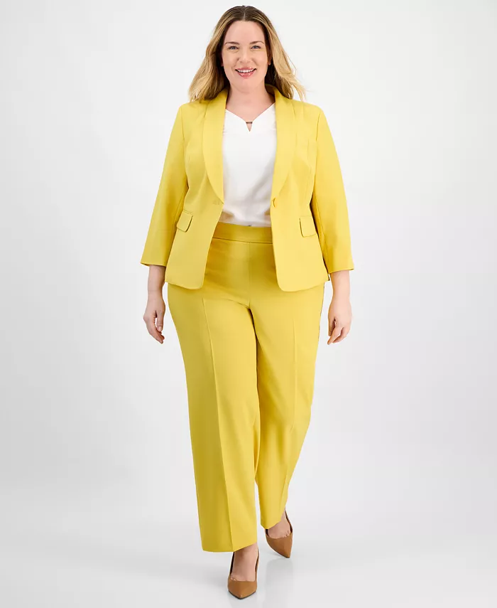 

Женский комплект Plus Size: однобортный жакет с шалью и брюки прямого кроя на резинке Le Suit, желтый