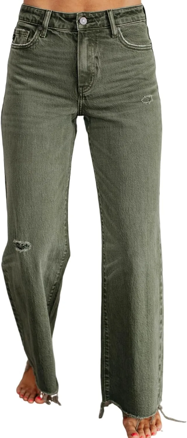 

SELINK Casual джинсы для женщин High Waisted, Four Leaf Clover, Slight Distressed, Raw Edge, Wide Leg