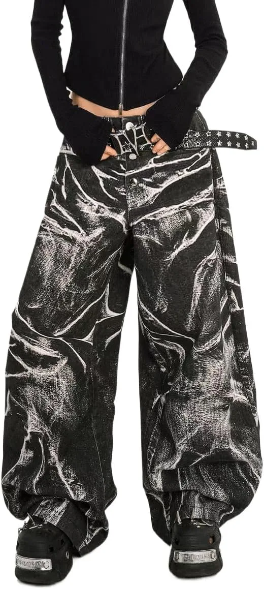 

Джинсы Unisex Y2k Vintage Gothic Water Wave Print Hip Hop Punk Streetwear Grunge High Waist Baggy Casual GYPWRCR
