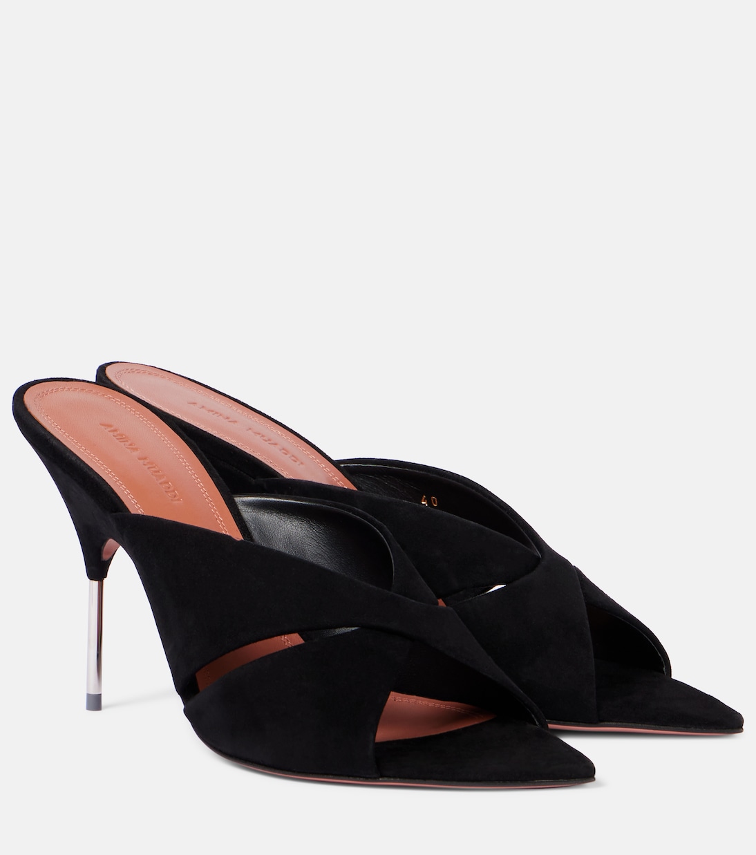 Сандалии Samantha 95 из замши Amina Muaddi, Black + Shiny Silver Heel