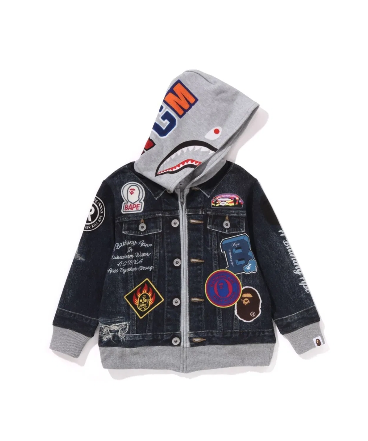 Толстовка с капюшоном A Bathing Ape SHARK BAPE EMBLEM DENIM JACKET PRINT ZIP HOODIE, тёмно-синяя