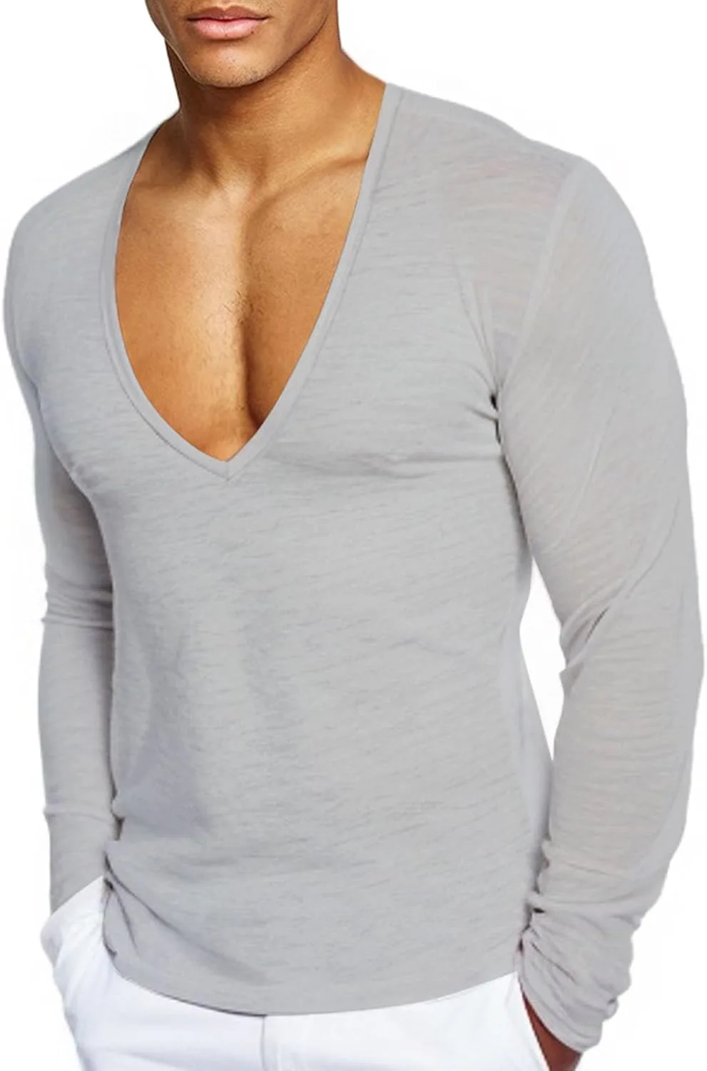 

Мужская футболка с глубоким V-вырезом, длинный рукав, Slim Fit