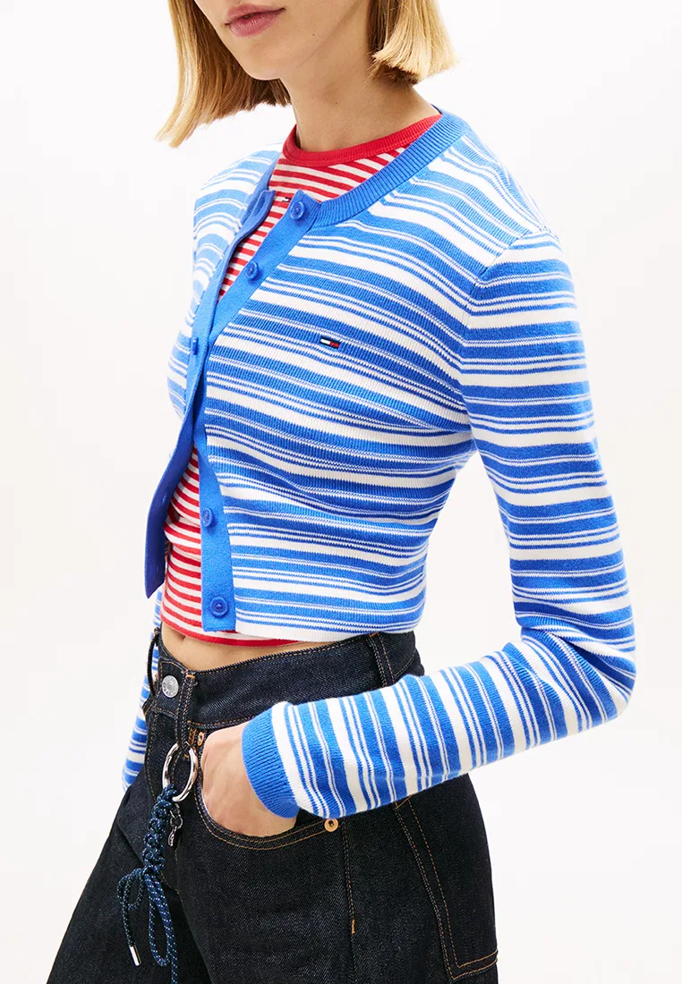 Кардиган женский, трикотажный, Slim Fit, Tommy Jeans Tommy Hilfiger, синий/мультиколор — фото 3