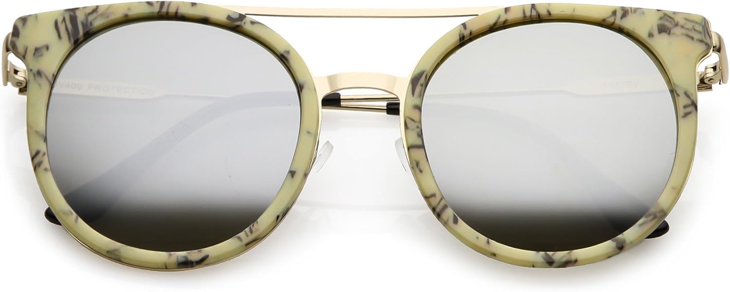 

zeroUV - Современные элегантные солнцезащитные очки с двойной переносицей, круглыми зеркальными линзами в роговой оправе, диаметром линз 51 мм, Beige Gold / Silver Mirror