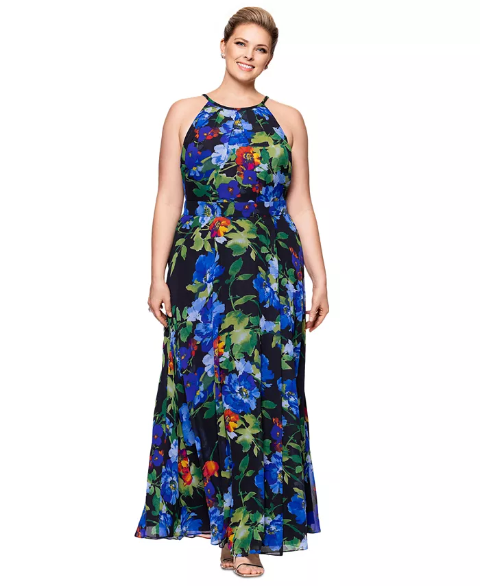 

Betsy & Adam Платье-макси с цветочным принтом и бретелями, plus size B&A By Betsy and Adam, синий
