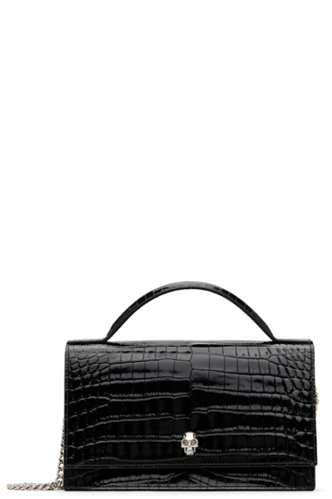 

Черная сумка с ручкой сверху и черепом McQueen