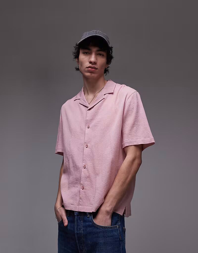 

Рубашка Topman с короткими рукавами и жатым узором розового цвета
