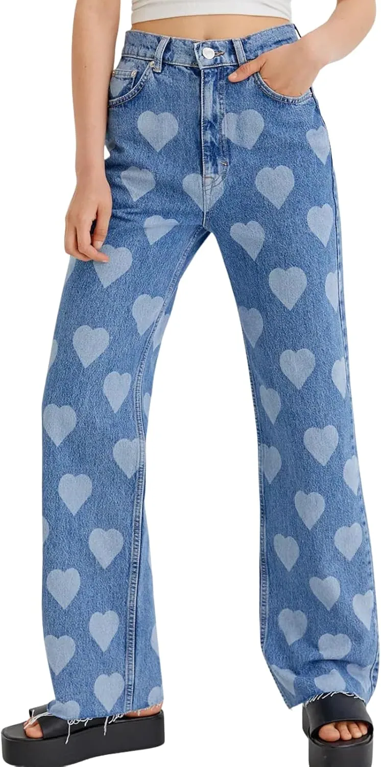 

ebossy Женские джинсы с принтом в виде сердечек, завышенная талия, широкие штанины