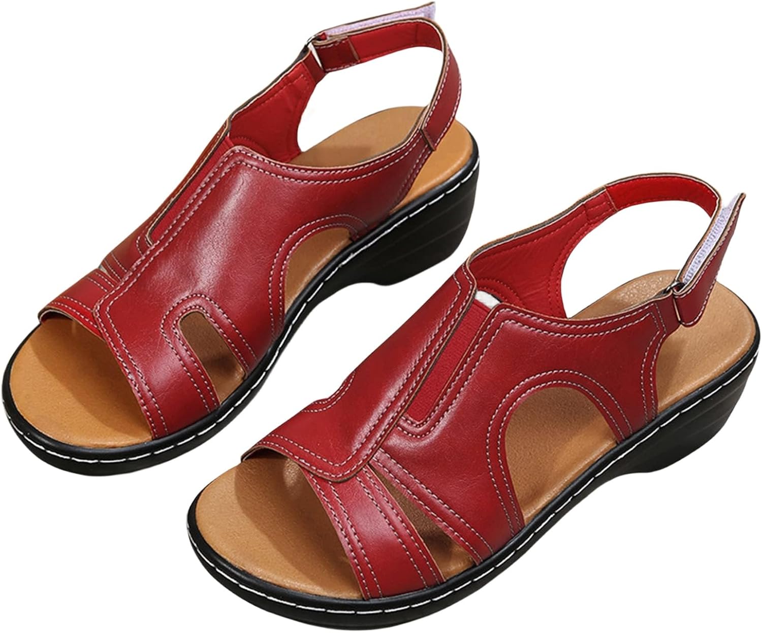 

Женские ортопедические сандалии на танкетке, удобные, на платформе, с широкой застежкой на щиколотке, открытым носком, летние повседневные сандалии для ходьбы с поддержкой свода стопы Generic, красный