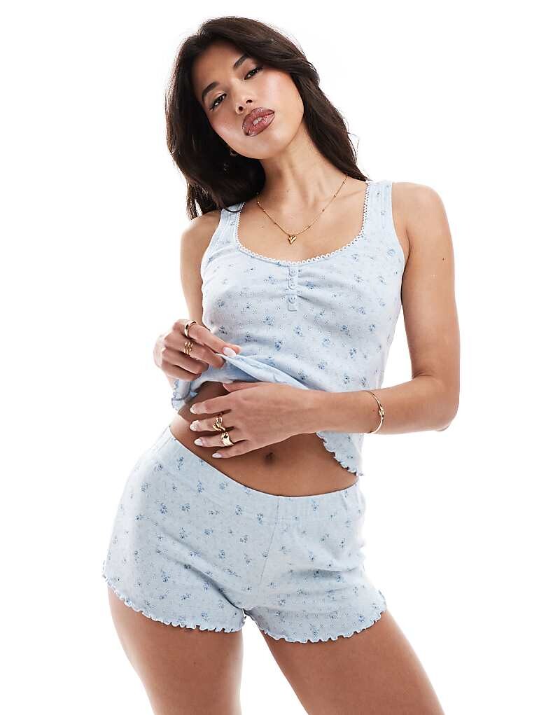 

Синий пижамный комплект из топа и шорт Boux Avenue с цветочным и кружевным узором