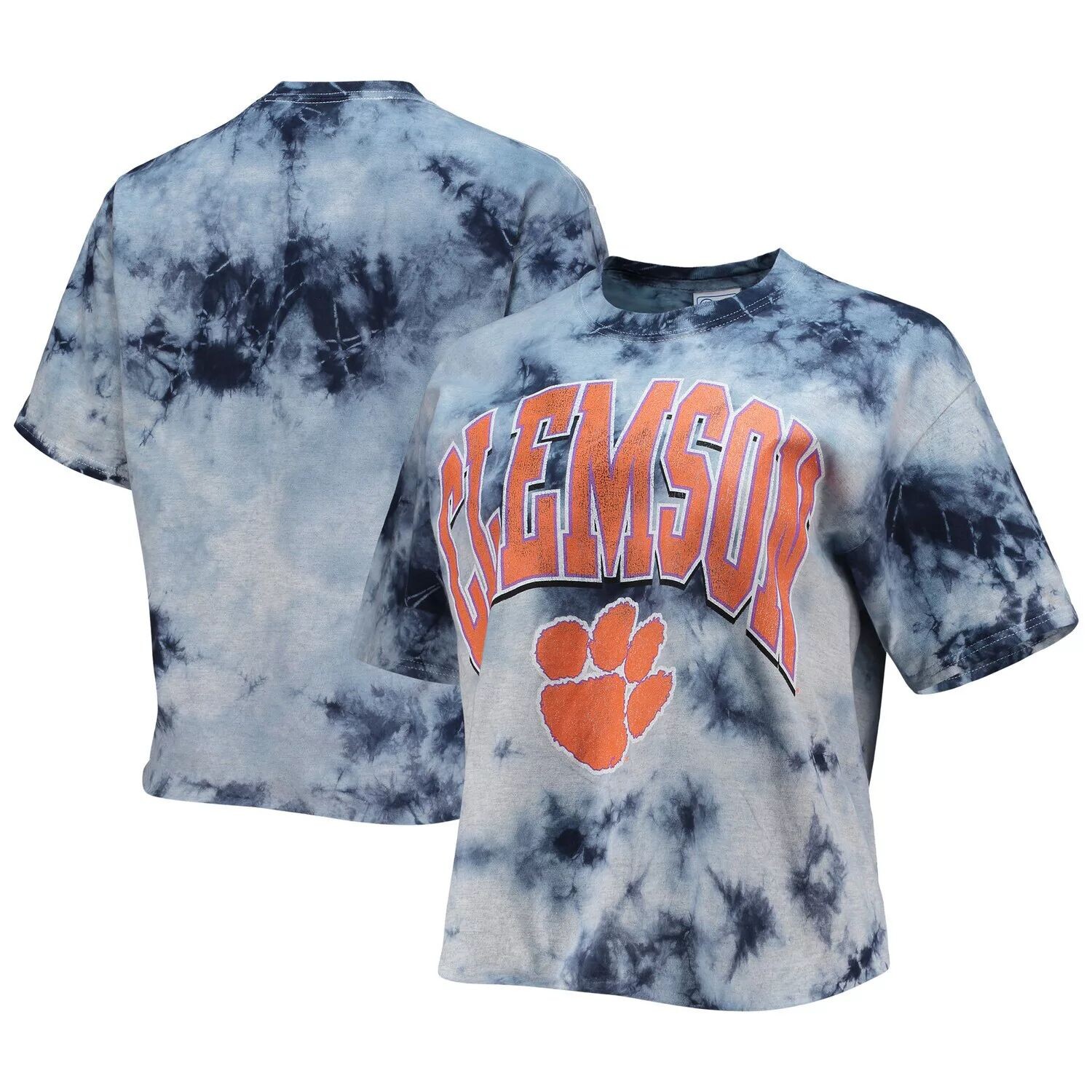 

Женская белая/темно-синяя укороченная футболка Clemson Tigers Vintage Tubular с принтом тай-дай '47, Синий, Женская белая/темно-синяя укороченная футболка Clemson Tigers Vintage Tubular с принтом тай-дай '47