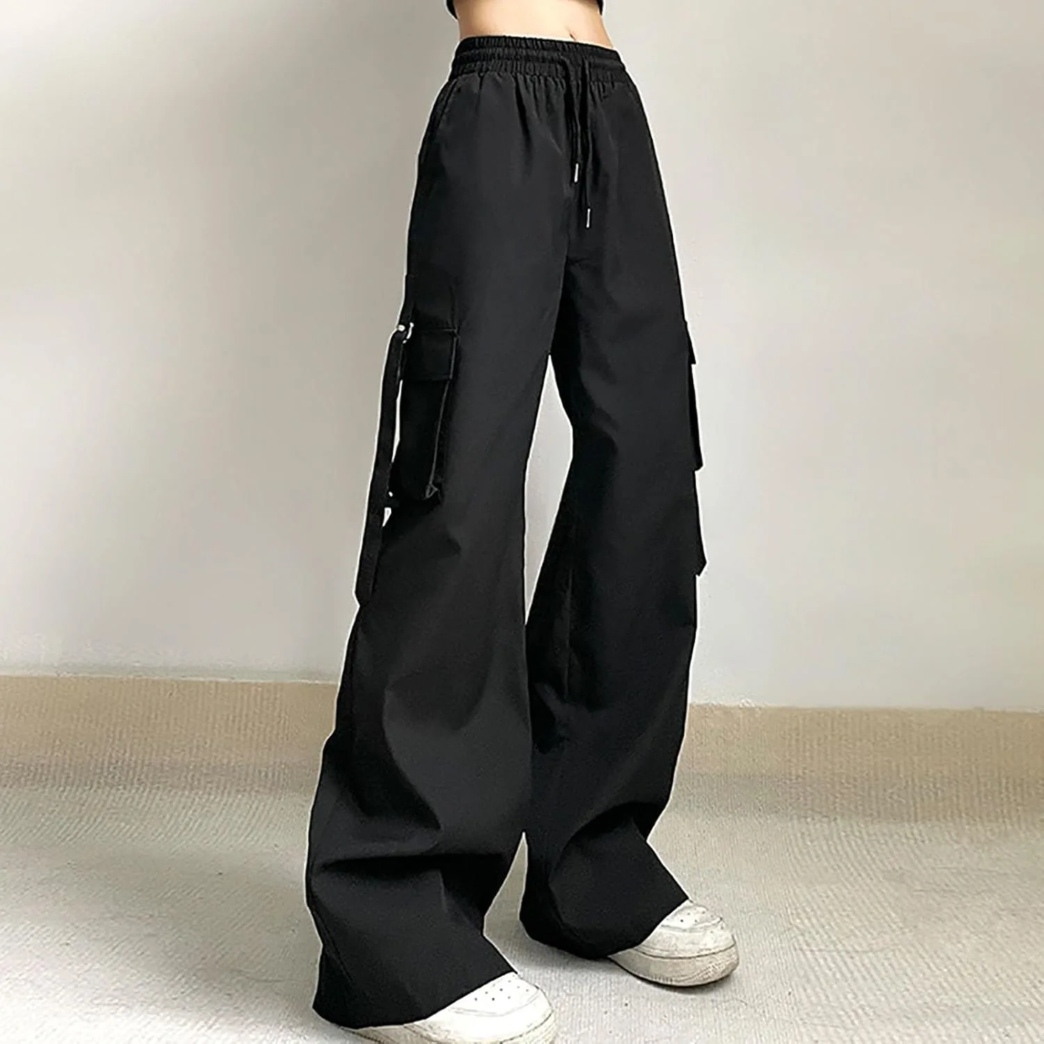 Женские прямые широкие брюки Parachute Cargo Pants Y2K для подростков в стиле стритвир с низкой посадкой, мешковатые на шнурке Generic, черный — фото 3