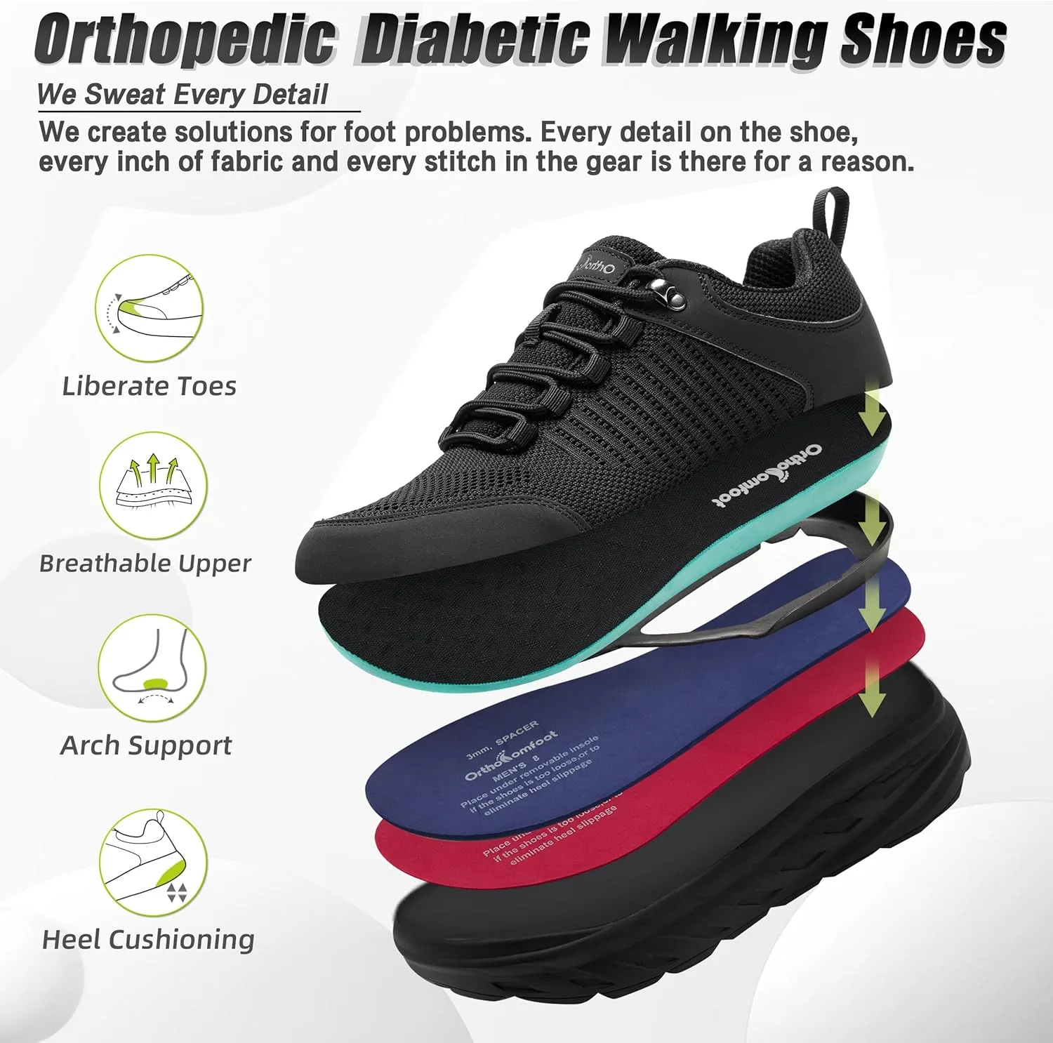 Ортопедические кроссовки OrthoComfoot для комфорта и поддержки стопы, черный — фото 3