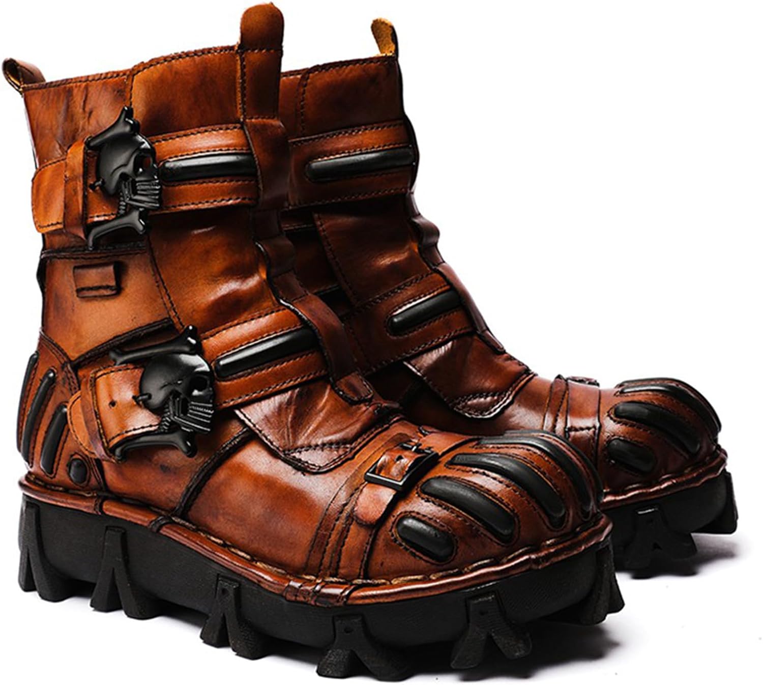 

Мужские мотоциклетные ботинки AACHEN, винтажные панк-бойлеры из натуральной кожи с черепом, модные короткие ботинки с перекрестной шнуровкой, ручная работа, 11, коричневые