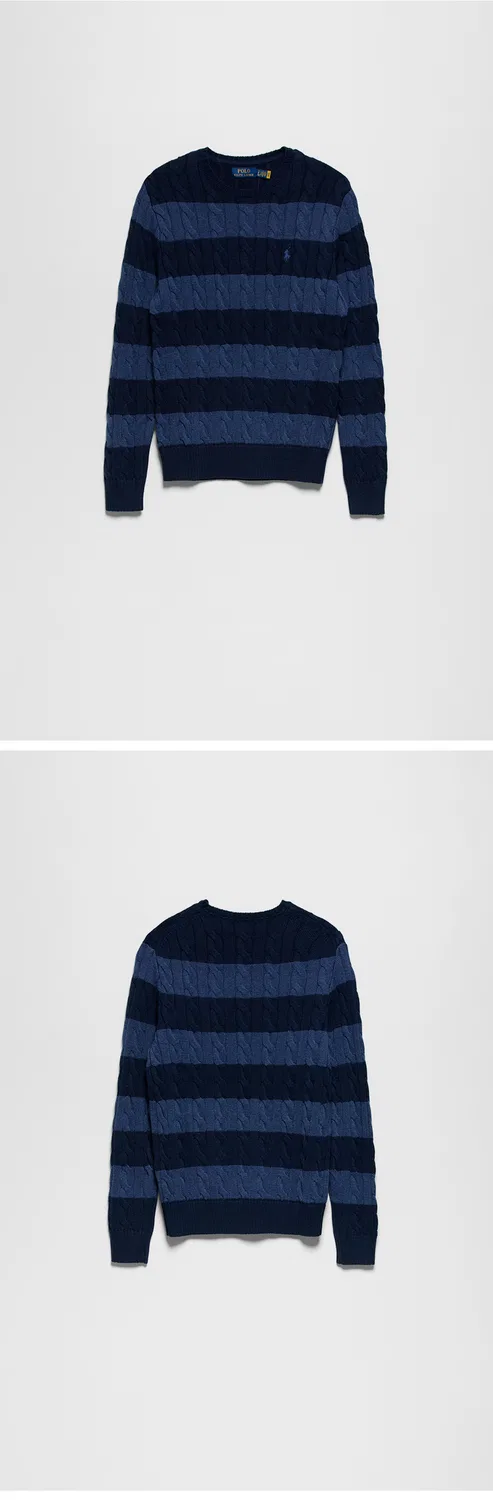 Мужской хлопковый свитер в полоску с узором косичка синего цвета от Polo Ralph Lauren — фото 3