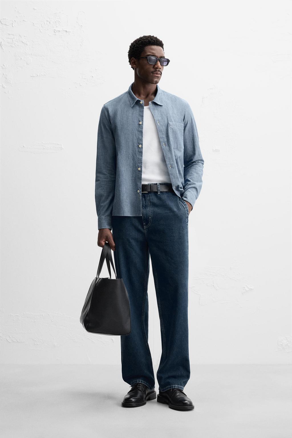 

Джинсовая рубашка с карманом ZARA, средне-синий