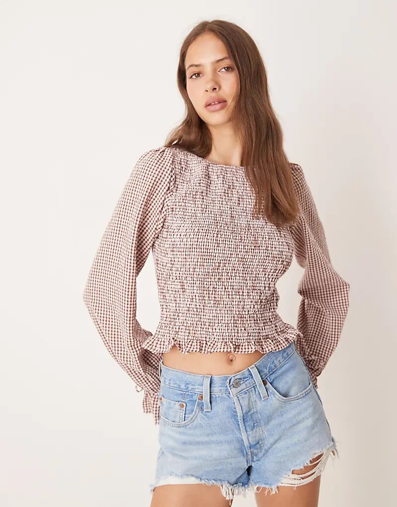 

Хлопковая блузка с присборенным лифом ASOS DESIGN в розовую клетку