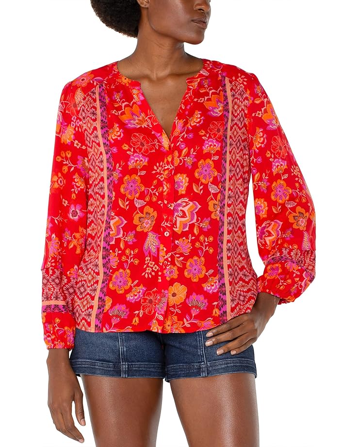 

Блуза Liverpool Los Angeles Long Sleeve Button Front Shirred Woven Blouse, цвет Red/Orange/Floral