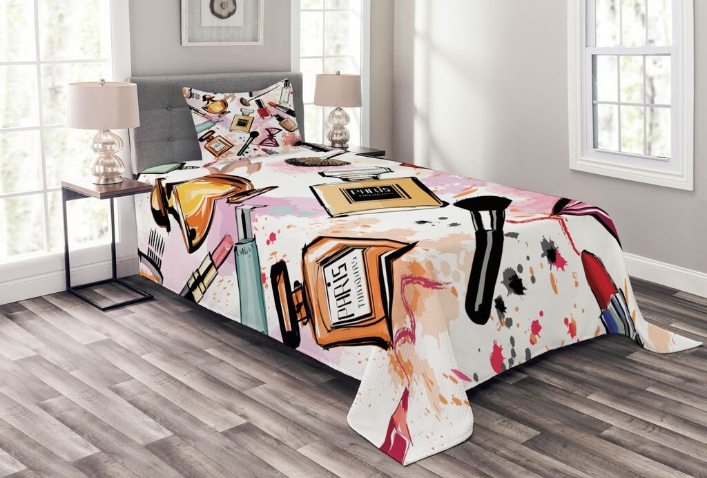 

Модное покрывало ABAKUHAUS, тема косметического макияжа, комплект с моющимися наволочками, для односпальных кроватей 170 x 220 см, разноцветный