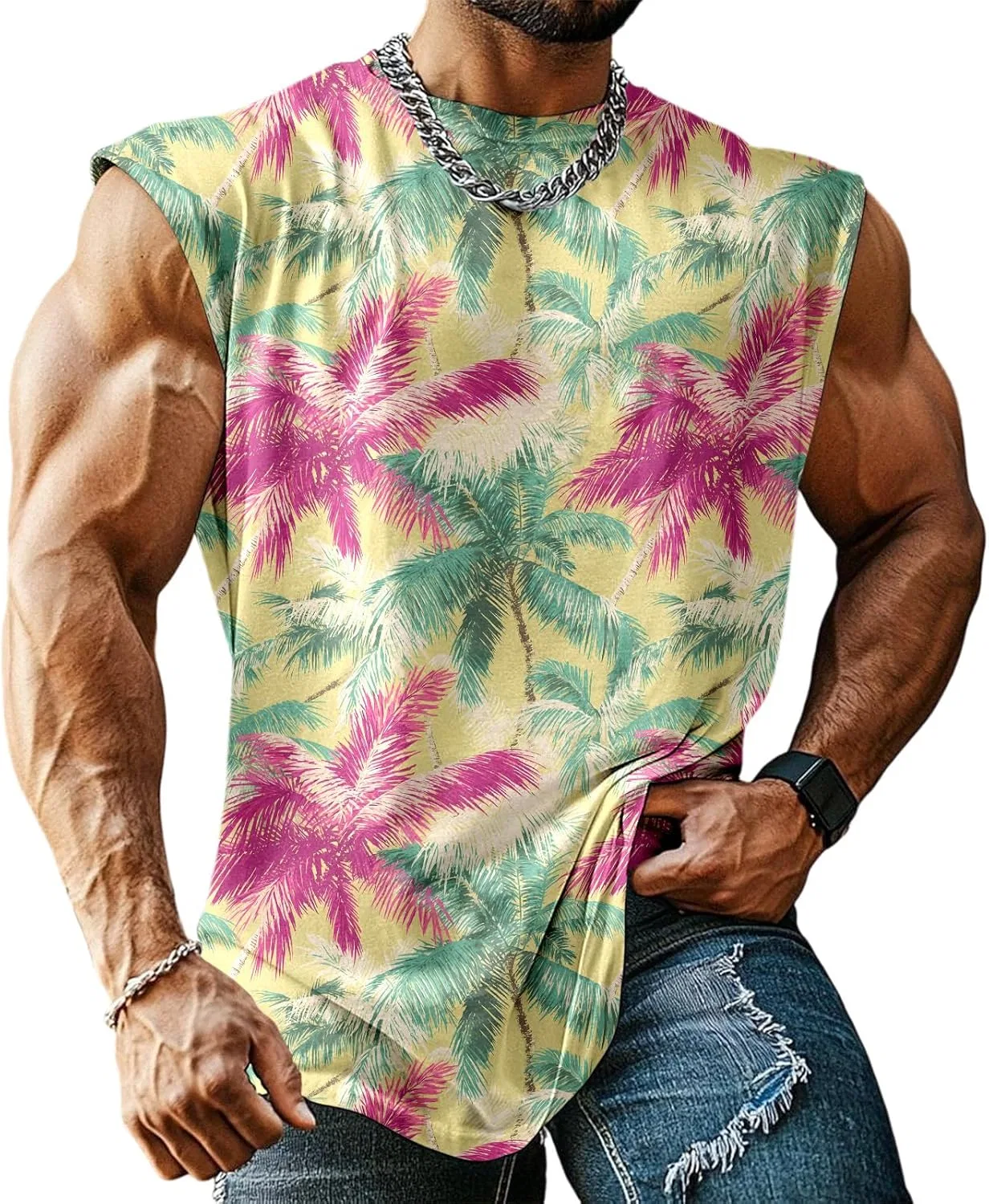 Мужской топ-безрукавка с пальмами, летний, Red Green Palm Trees