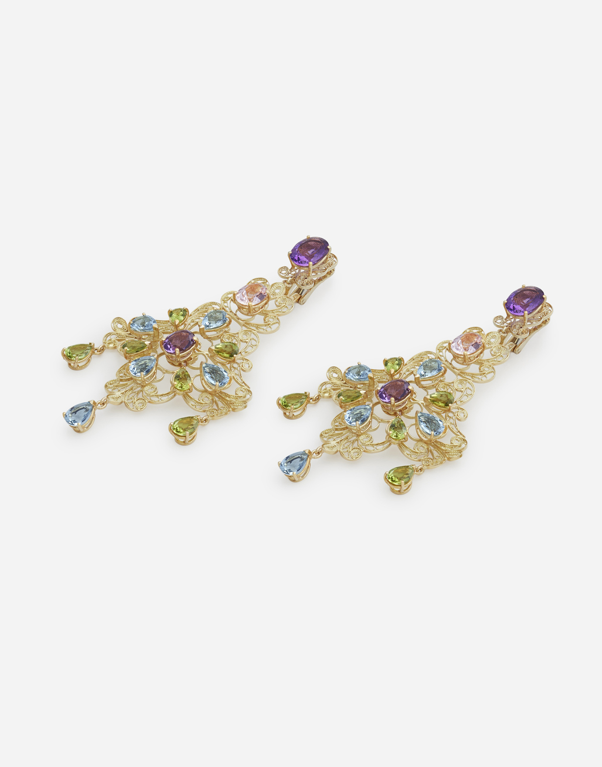 DOLCE & GABBANA Серьги с филигранью из желтого золота 18 карат, аметисты, аквамарины, перидоты и морганиты — фото 2