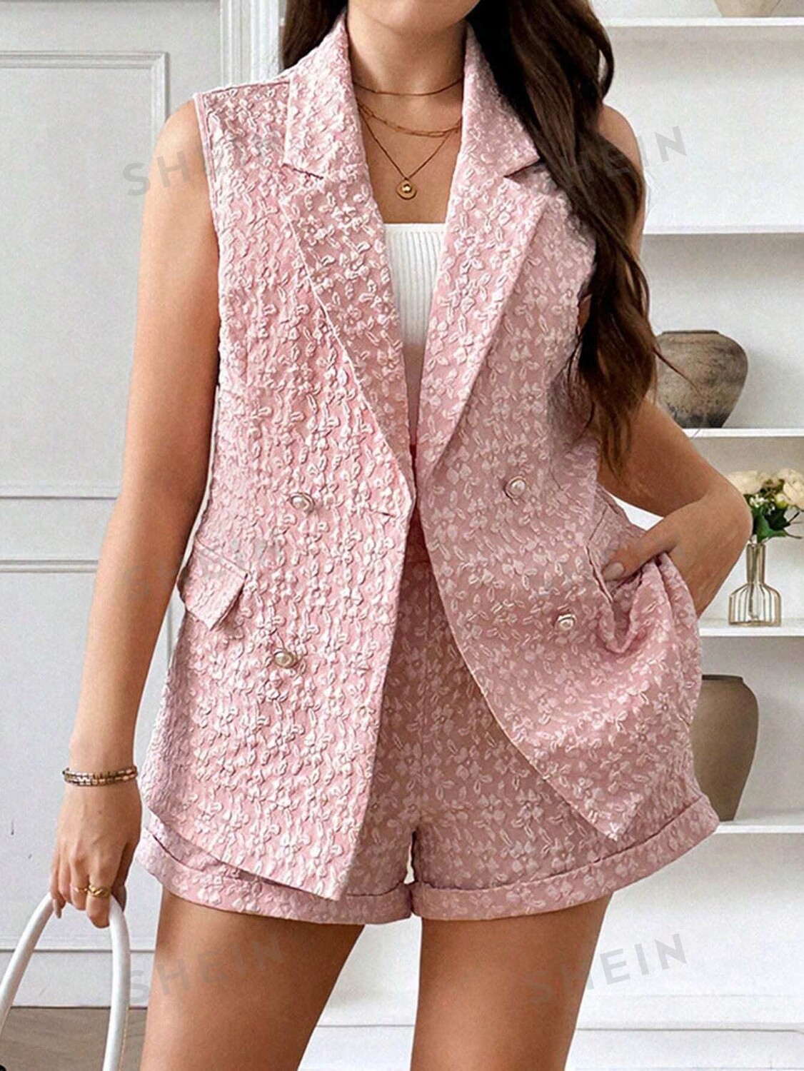 

Privé Plus Size Комплекты из фактурных жилетов и шорт с цветочным принтом Shein, розовый