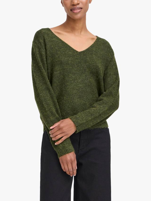 

Камара джемпер с длинным рукавом и V-образным вырезом из шерстяной смеси ICHI, Rifle Green