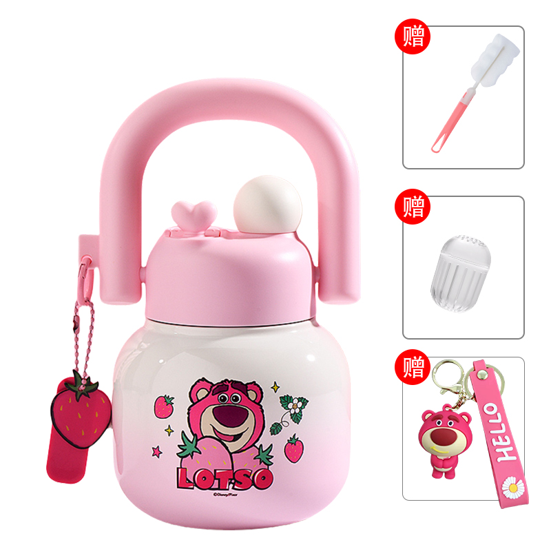 Детский термос-бутылка Strawberry Bear Disney «Big Belly Cup», White Pink Lotso/ситечко для чая + ершик + подвеска