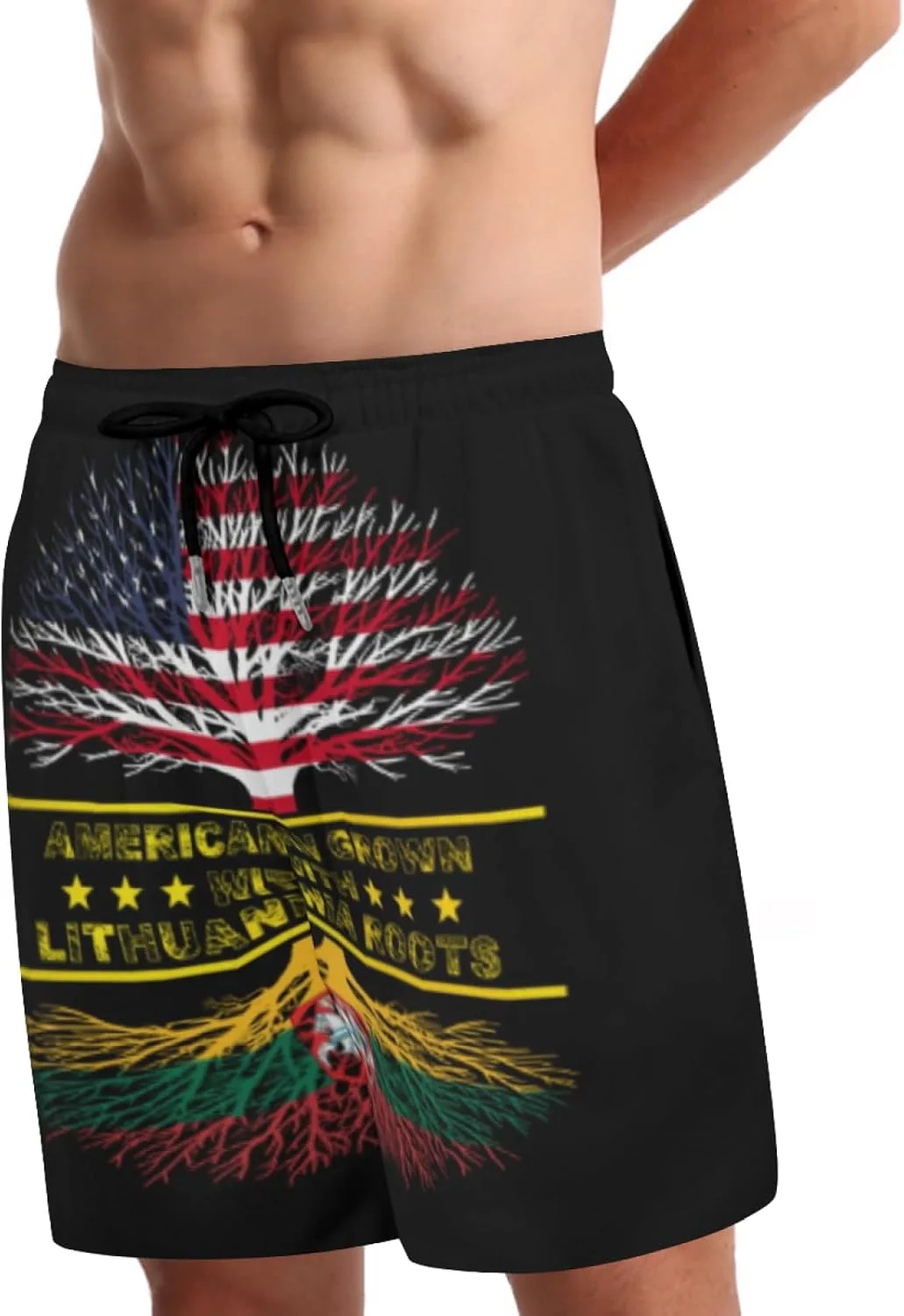 Мужские плавки American Grown and Lithuania Roots с сетчатой ​​подкладкой, завязками, быстросохнущие, с карманами Generic, черный — фото 3