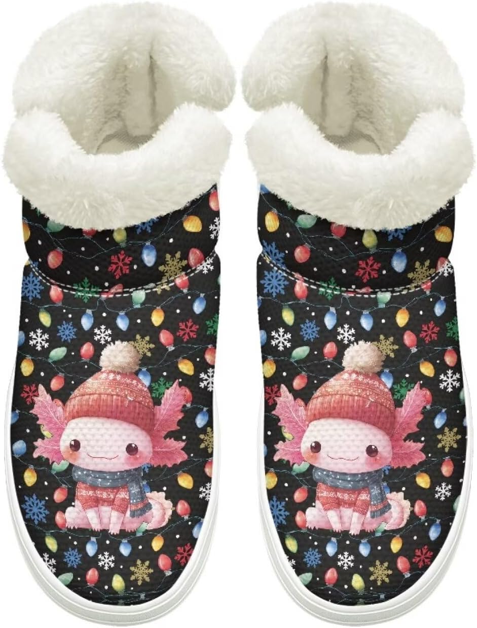 

Теплые ботинки для женщин и мужчин, ботильоны без шнурков, рождественские ботинки со снеговиками, пушистые, нескользящие, утепленные, с удобной подошвой Cugasmaru, Axolotl Snow Christmas