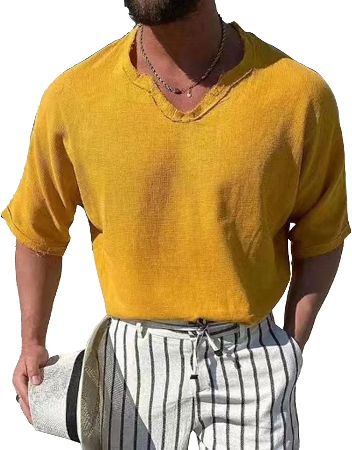 

Мужская хлопковая льняная футболка хенли с V-образным вырезом SWJGLITTR