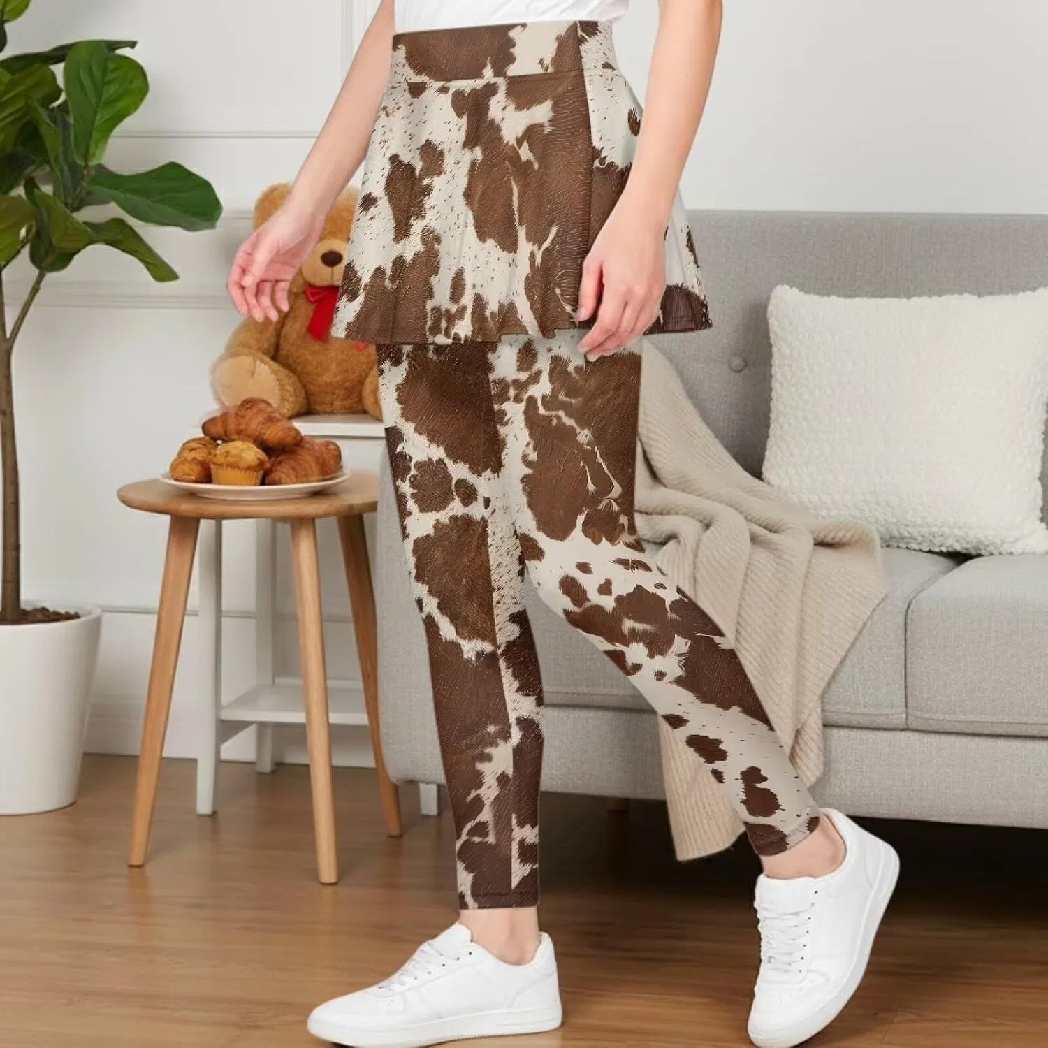 Леггинсы с юбкой для девочек Yatixapu, Brown Cow Print — фото 3