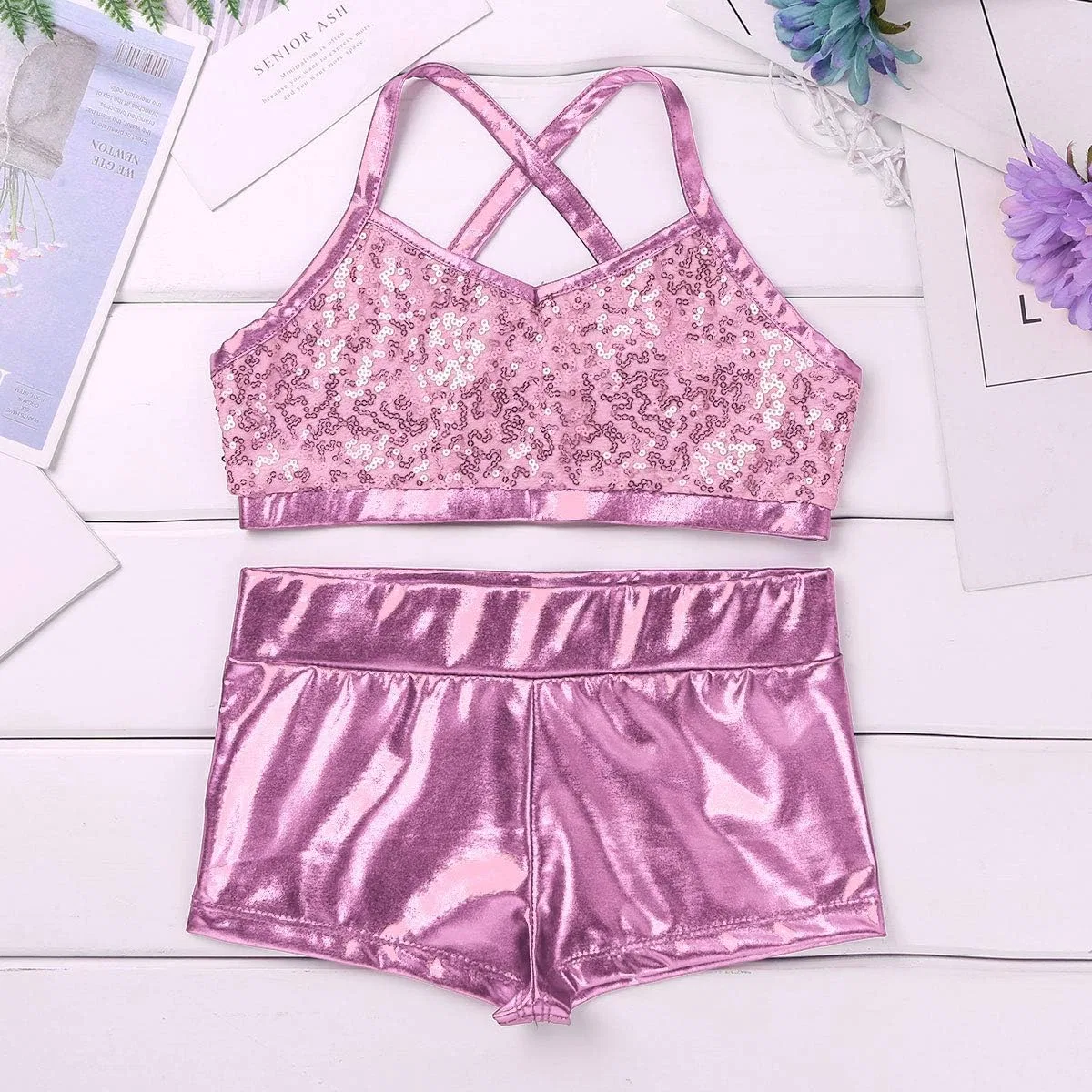 Детский спортивный комплект Agoky, 2 предмета: топ с пайетками и шорты, Pink Shiny — фото 3