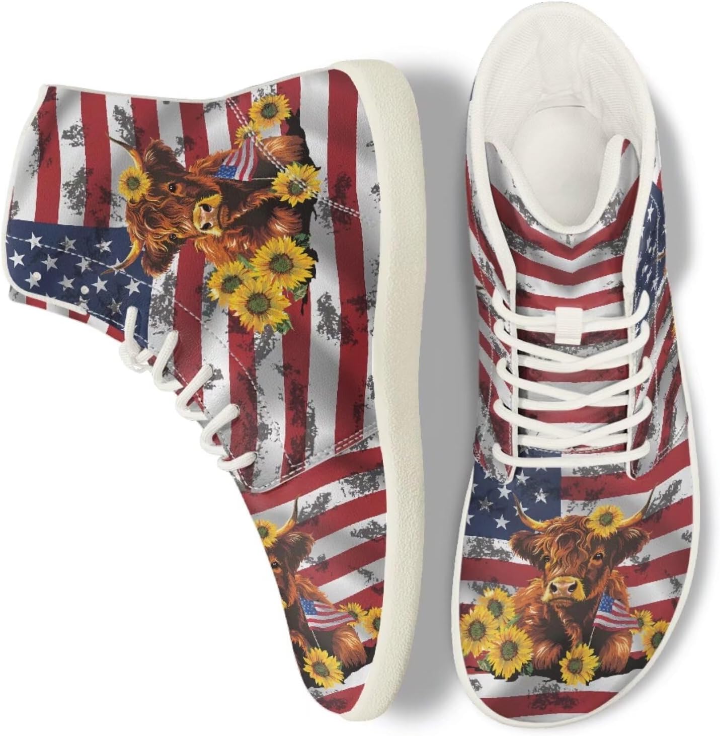 

Кроссовки Belidome High Top для женщин и мужчин, повседневные с плоской подошвой, на шнуровке, противоскользящие, American Flag Highland Cow