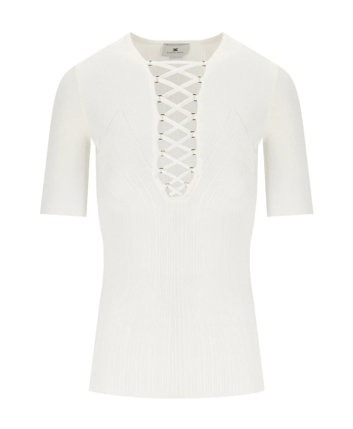 

Вязаный корсетный топ с перекрещенными шнурками. Elisabetta Franchi, бежевый