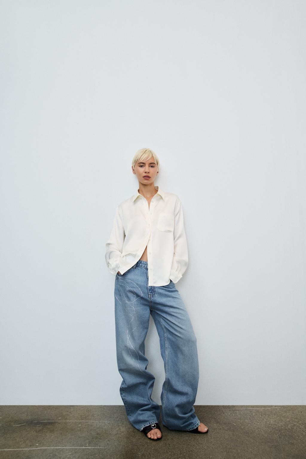 

Свободные джинсы оверсайз с высокой талией и стразами ZARA, синий
