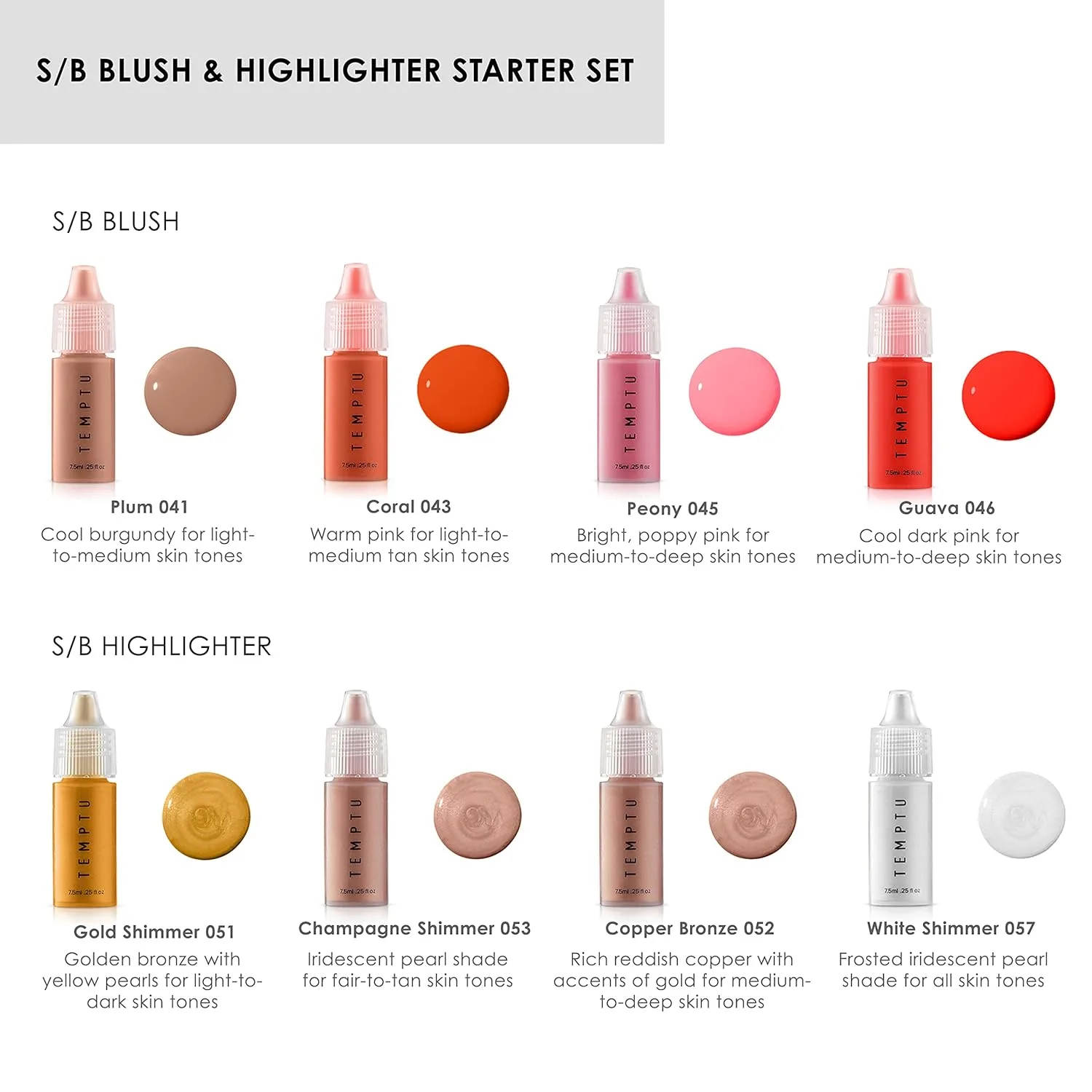TEMPTU S/B Airbrush Blush & Highlighter Starter Set, стойкий макияж, сияющая наращиваемая формула, выравнивает тон кожи, для всех типов кожи, включает 4 румян и 4 хайлайтера — фото 2