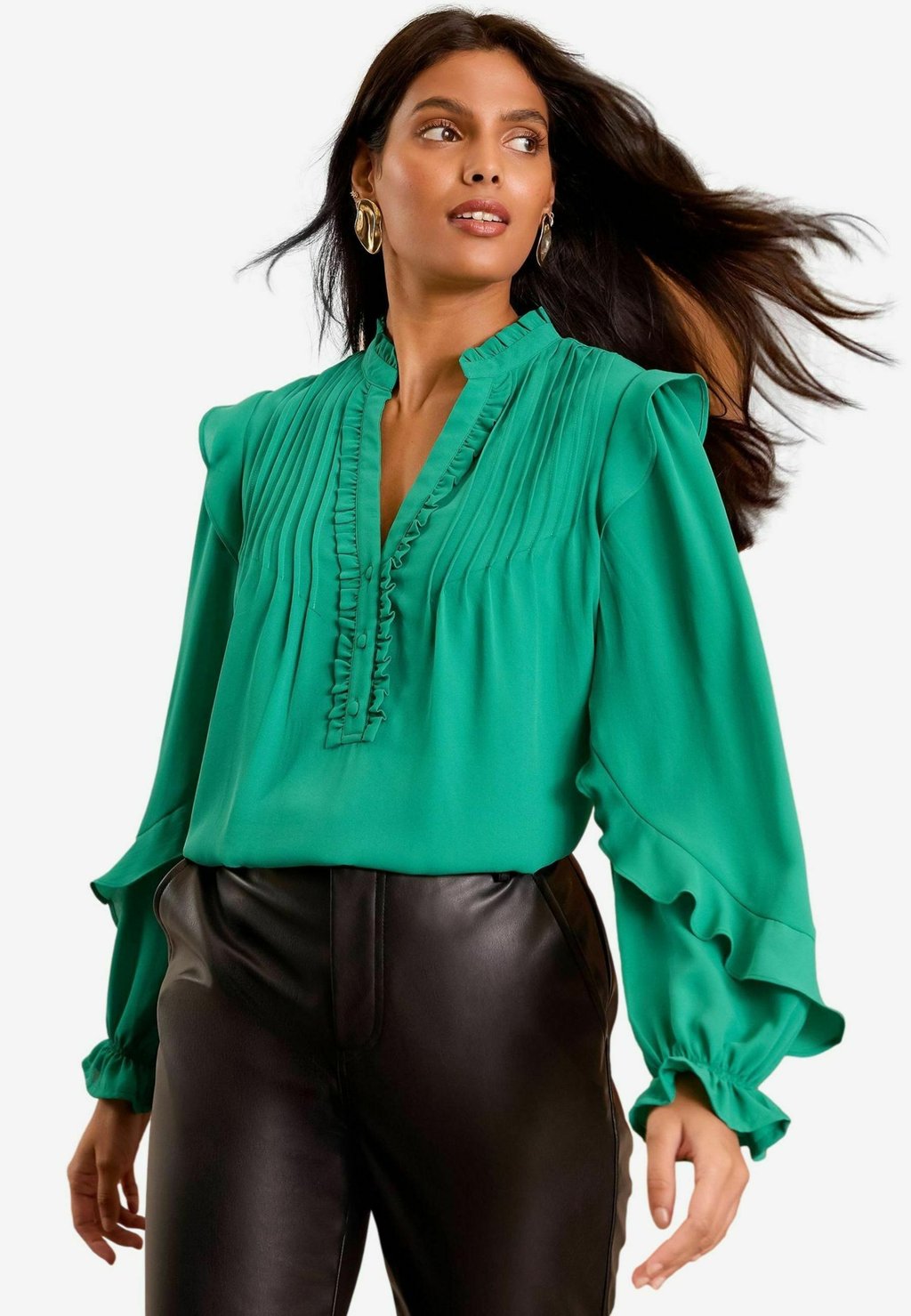 

Блуза PINTUCK RUFFLE DETAIL NOTCH NECK LONG SLEEVE Love & Roses, зеленый