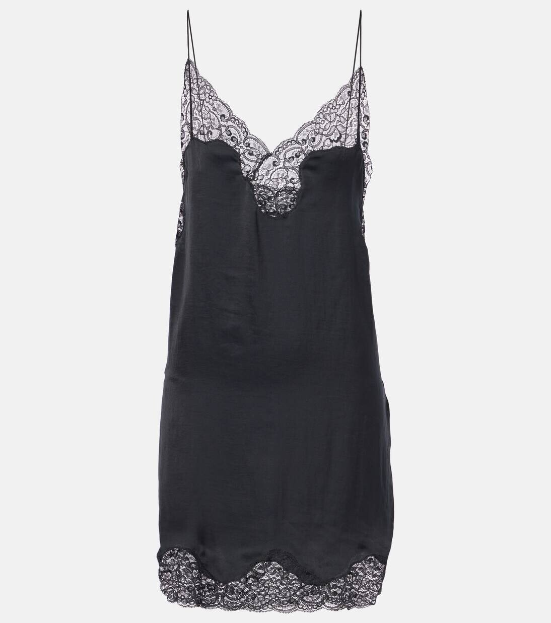 

Платье-комбинация из атласа с кружевной отделкой Saint Laurent, черный