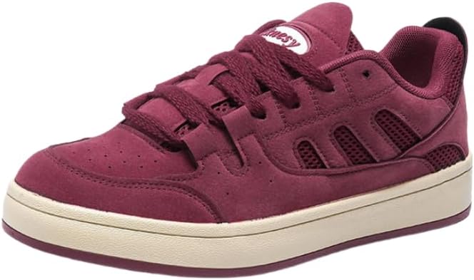 

Мужские низкие кеды для скейтборда - верх из дышащей сетки, противоскользящая резиновая подошва, повседневные кроссовки на все сезоны с белыми вставками, бордовая спортивная шнуровка Clolinde