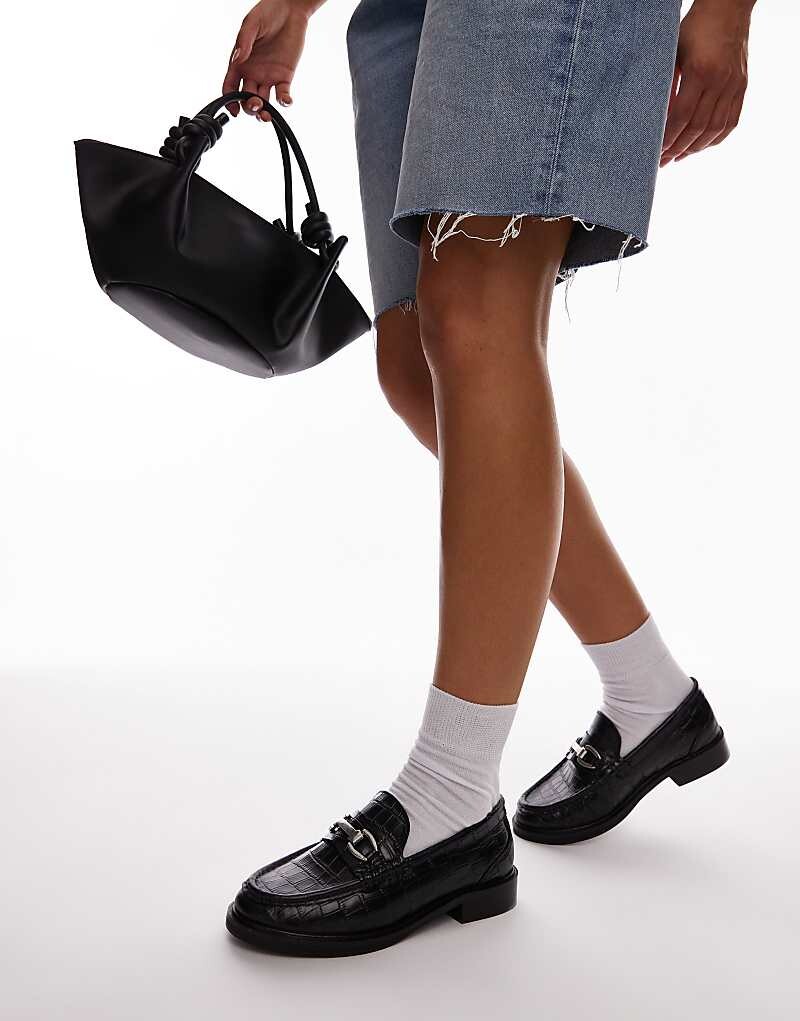 

Topshop – Caroline – Черные кожаные лоферы с кожаным узором и золотой отделкой